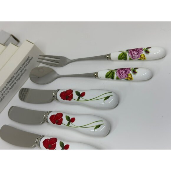 VTG Stainless Steel Porcelain Cheese Knife Spoon Set With Floral Ceramic Handles - Picture 4 of 8